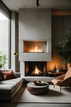 Minimalist style interior design of modern living room with fireplace and concrete walls. Image created using artificial intelligence.