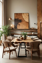 Rustic live edge table and chairs near beige sofa. Scandinavian interior design of modern living room with big art wooden poster. Image created using artificial intelligence.