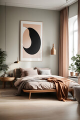 Scandinavian interior design of modern bedroom with big art poster frame. Image created using artificial intelligence.