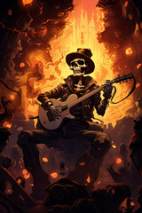 Halloween back ground of devil party style. Skeleton play electric guitar in devil party. Concept of invitation card for halloween party and celebration.