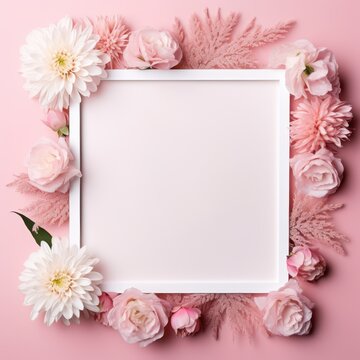 Blank Frame with Flowers for Mockup Design Pink Floral Background