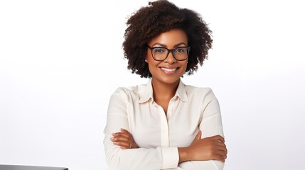 Business woman, portrait and smile at night working overtime at office desk for startup career. Young female entrepreneur leader at company on white background