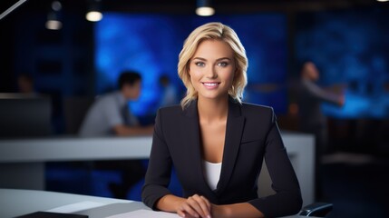 Obraz premium A beautiful lady News anchor sitting on chair Studio ready to go on air