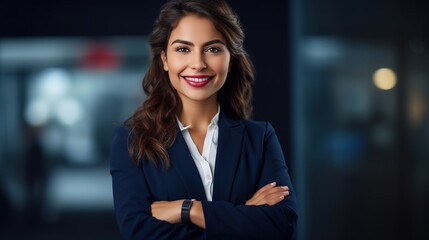 Fototapeta premium portrait of a business woman with arms crossed in office. generative ai