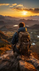 man with his camping backpack, in the mountain with the sunset in the background, preparing everything to spend the night
