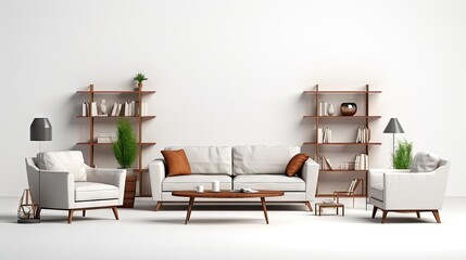 New furniture and decor for room interior on white background in a group.