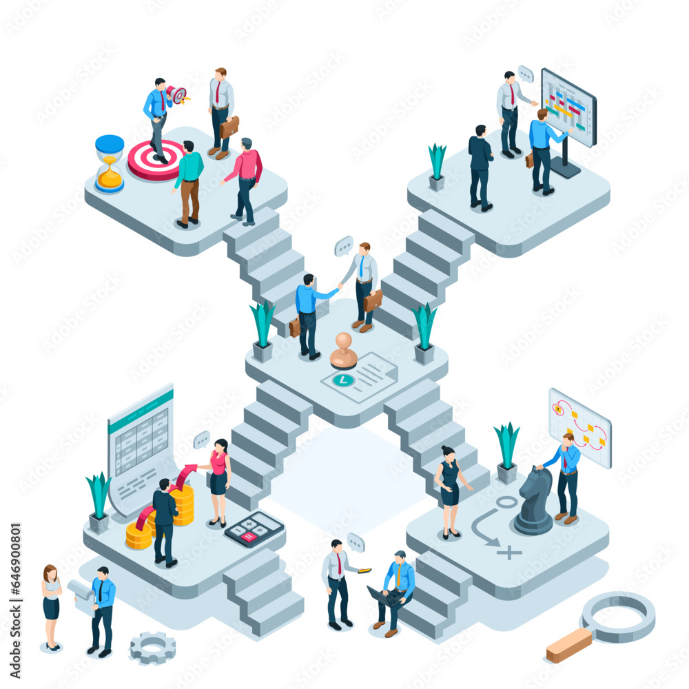 Poster isometric platforms with business people in color on a white background, working in an office toward