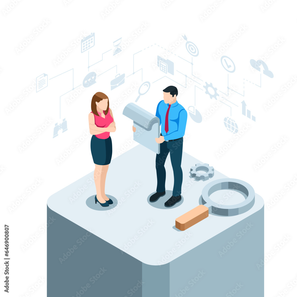 Poster isometric business man studying a document together with a woman near a magnifying glass in color on