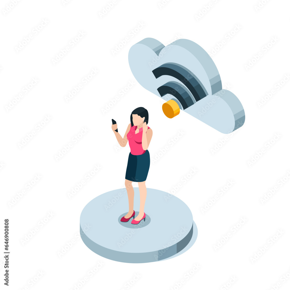 Poster isometric woman with a smartphone stands under a cloud with a wireless connection icon in color on a