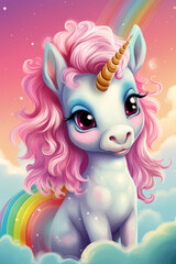 illustration of a colorful unicorn, with a rainbow background and colored world