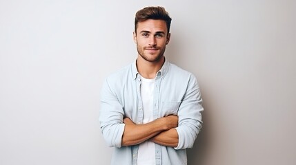 man standing over a white background with a happy face and crossed arms looking at the camera - obrazy, fototapety, plakaty