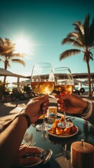 champagne toast on the beach enjoying a sunny day with ocean view, food and drinks on the table