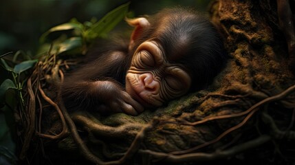 Baby chimpanzee in deep slumber, cradled in its mother's arms