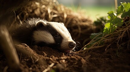 Obraz premium Badger sleeping soundly in its burrow, capturing the essence of hibernation