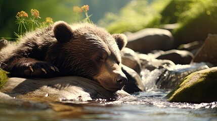 Fototapeta premium Bear cub dozing beside a freshwater stream, the sound of flowing water adding ambiance