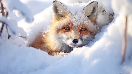 Arctic fox curled up in a snowy landscape, its fur blending with the environment