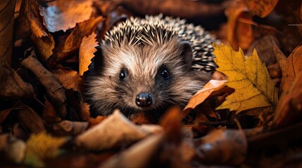 Fototapeta premium Hedgehog curled up in a bed of fallen leaves, showcasing seasonal adaptation