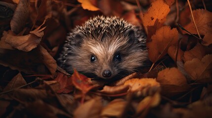 Naklejka premium Hedgehog curled up in a bed of fallen leaves, showcasing seasonal adaptation