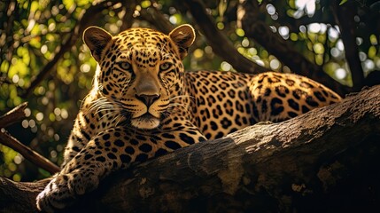 Leopard resting on a tree branch, high above the jungle floor, emphasizing the serenity of heights