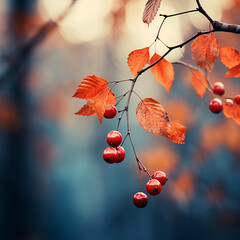 Moody autumnal dry tree leaves with red wild berries on blurred background. Natural and organic october background. Autumn season - obrazy, fototapety, plakaty