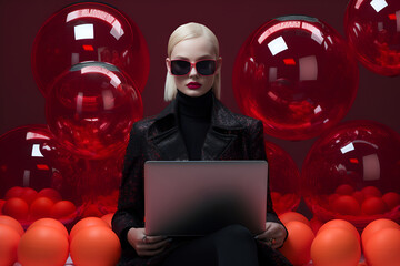A blonde woman in a shiny red blazer holds a laptop against a red backdrop, surrounded by orange balls and red balloons. Fashion and technology concept.