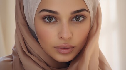 Beautiful beautiful woman with hijab and beauty face skin and makeup