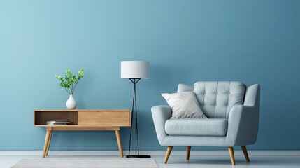 Elegant living room composition with a fluffy armchair, wooden commode, poster frame, and modern accessories. Blue wall. Home staging. Template.