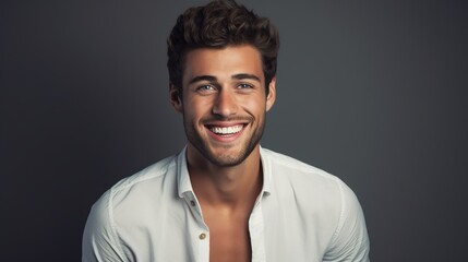 Obraz premium Confident and Carefree: A handsome young man with a captivating smile exudes charm and charisma in a contemporary portrait.