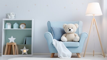 Light blue armchair for children in a white room with stars on the wall, white rug, cupboard with books, teddy bear, and plant. Available space for your crib.