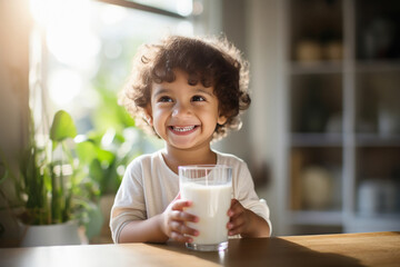 Cute indian little boy holding glass of milk and smiling