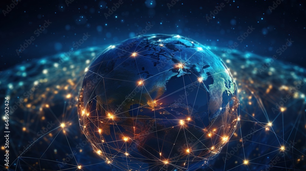 Poster global network, interconnected world: a breathtaking 3d rendering of earth, enveloped in a luminous 