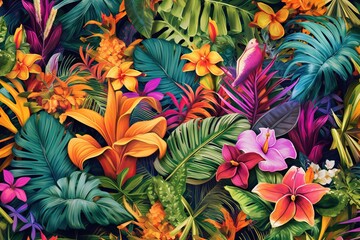 Obraz na płótnie Canvas Vibrant Flowers and Leaves Drawing - Bright Background