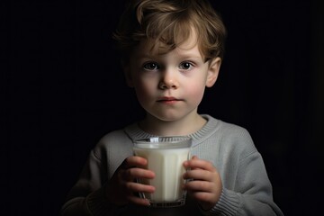 Boy Holding Glass of Milk - Portrait on Black Background