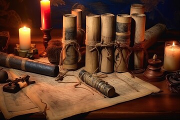 Old Documents and Candlelight on Wooden Table