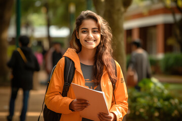 Young girl college student holding books and backpack standing and giving happy expression