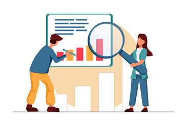 Marketing. A man draws a graph, a woman holds a magnifying glass