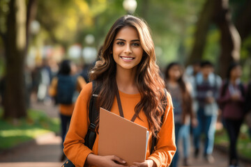 Fototapeta premium Young girl college student holding books and backpack standing and giving happy expression
