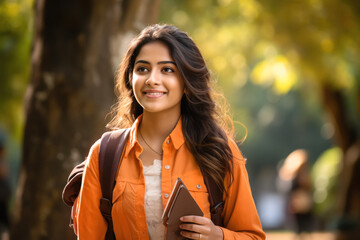 Young girl college student holding books and backpack standing and giving happy expression