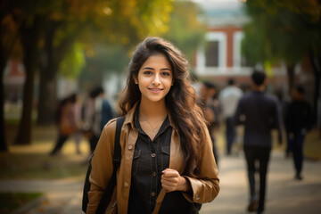 Young girl college student standing and giving happy expression.