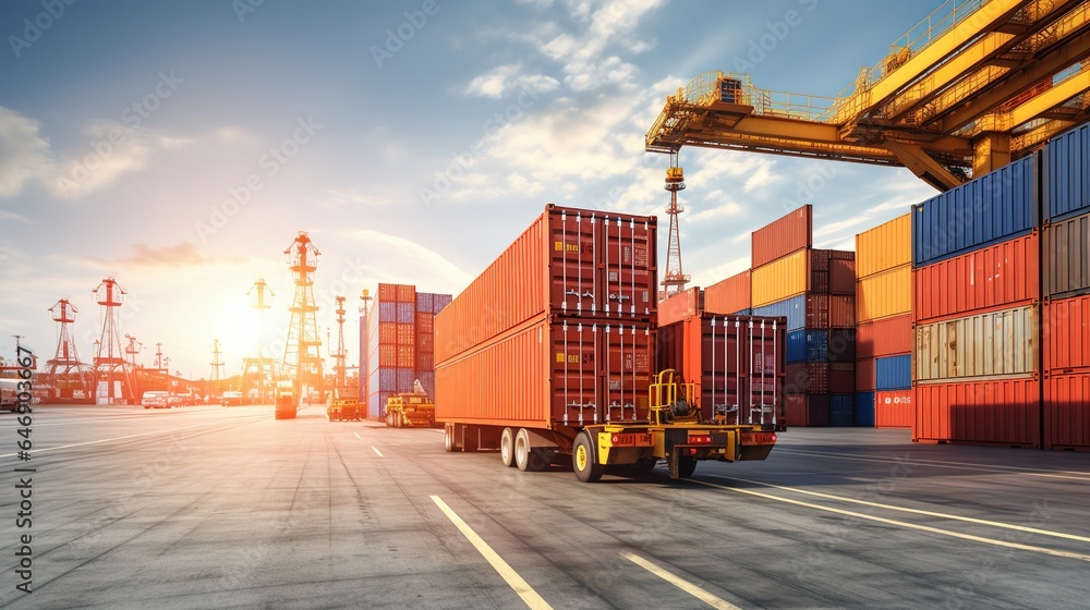 Wall mural Container cargo freight ship during discharging at industrial port and move containers to container yard by trucks, cargo plane, logistic import export background. 