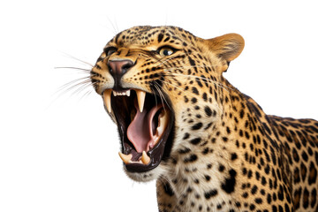 Portrait of Leopard or Cheetah that roaring isolated on clean png background, Panthera pardus looking at camera, wildlife animal