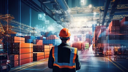 employee in charge of logistics. The expansion of the logistics sector using cutting-edge technologies Ship container 