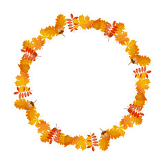 Round frame of autumn leaves on white background. vector illustration