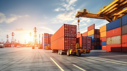 Container cargo freight ship during discharging at industrial port and move containers to container yard by trucks, cargo plane, logistic import export background. 