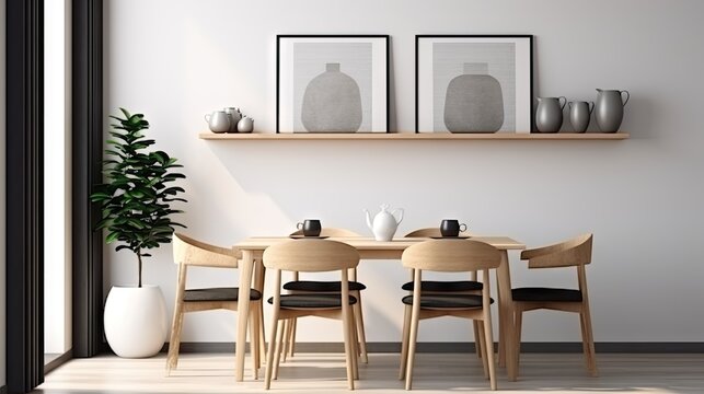 Modern home decor with Scandinavian dining room, mock up poster frame, wooden table, furniture, tea pot, decoration, and elegant accessories.