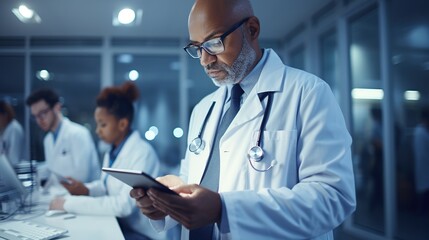 Close-up of an unidentified doctor using a computer tablet in a hospital.  - obrazy, fototapety, plakaty