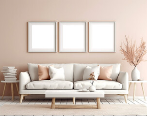 Fototapeta na wymiar Interior of modern living room with plants, sofa and frames mockup, AI Generated