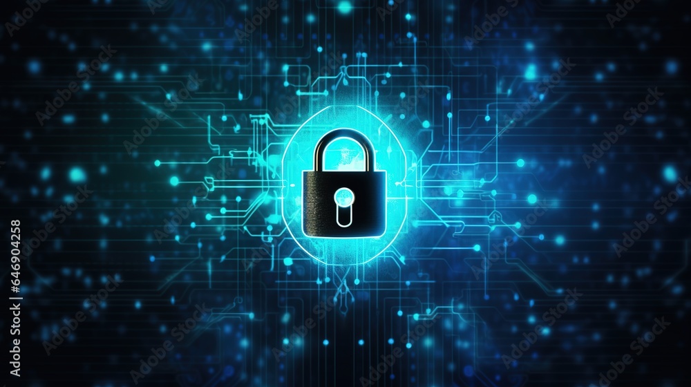 Poster padlock with keyhole for data protection at the circuit's convergent point. privacy of cyber data an
