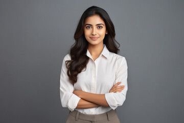 young and confident woman standing with arm crossed.