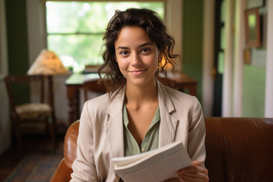 Young woman sitting at living room and reading news paper